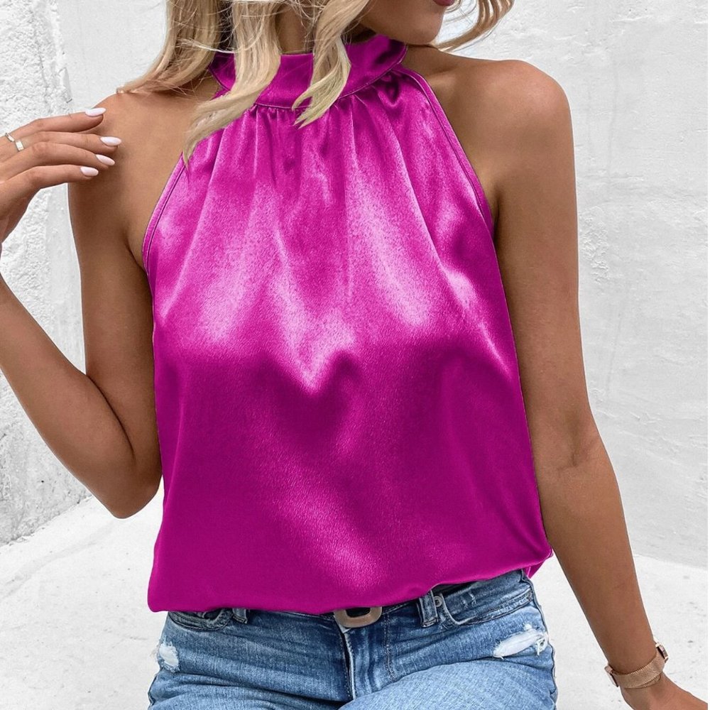 Solid Keyhole Back Halter Neck Blouse gold - Picture 7 of 7